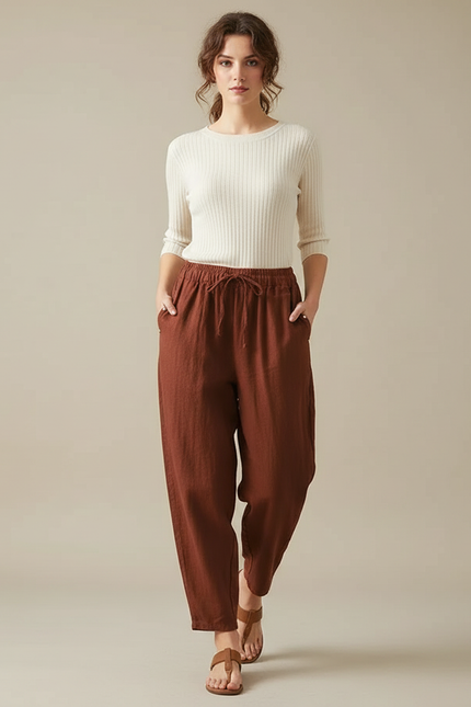Pantalon Japonais Marron Lin Ample Cordon Décontracté
