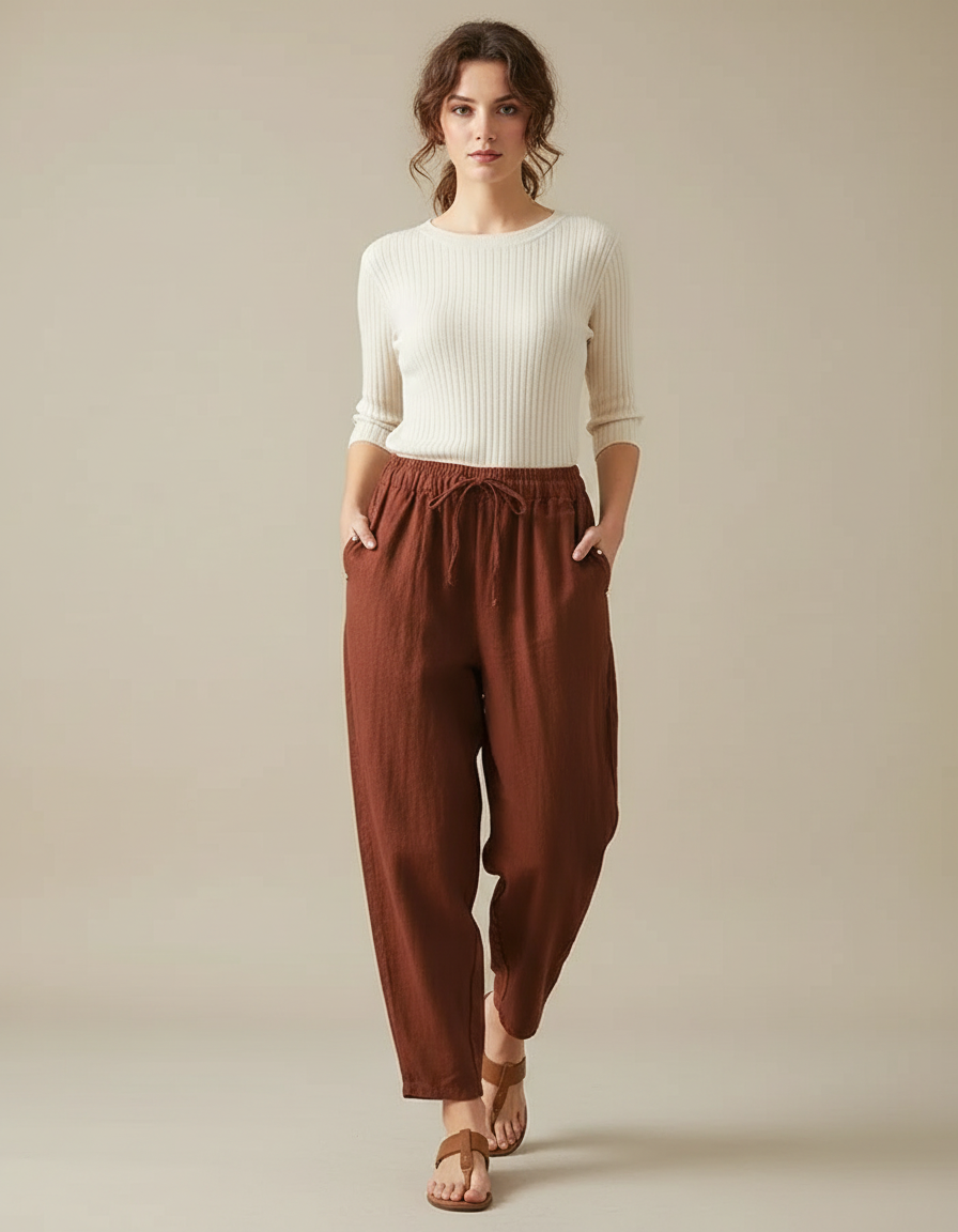 Pantalon Japonais Marron Lin Ample Cordon Décontracté