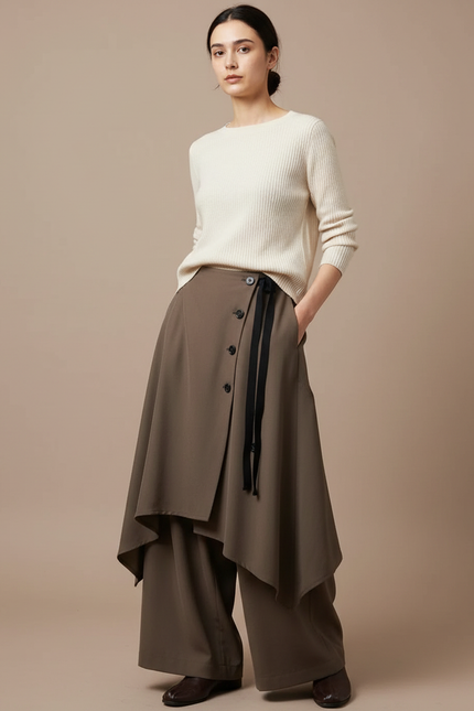 Pantalon Japonais Marron Asymétrique Fluide Élégant - Kaki Polyester