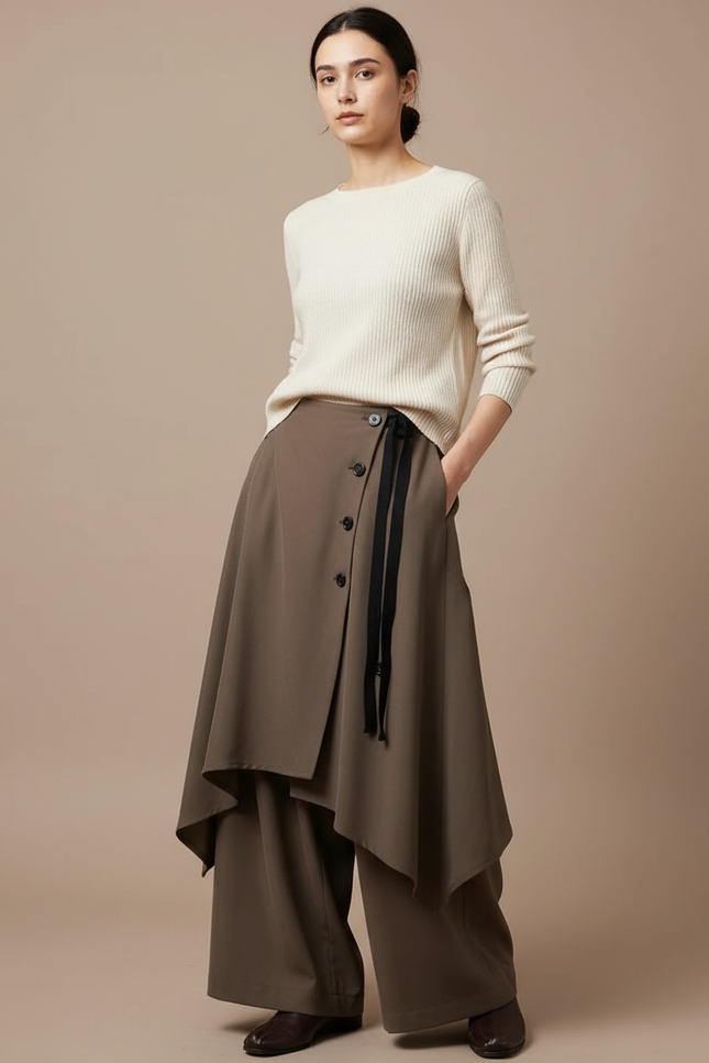 Pantalon Japonais Marron Asymétrique Fluide Élégant - Kaki Polyester