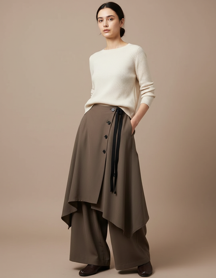 Pantalon Japonais Marron Asymétrique Fluide Élégant - Kaki Polyester