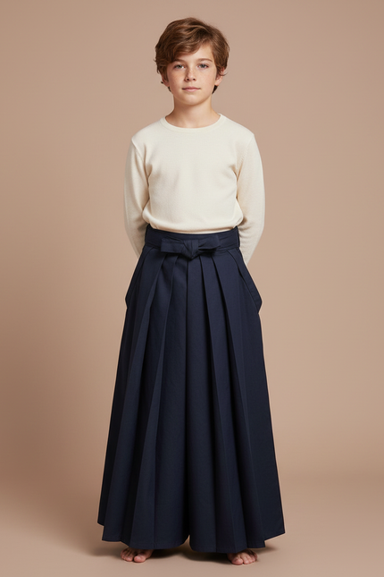 Pantalon Japonais Bleu Marine Plissé Ample Traditionnel - Gabardine