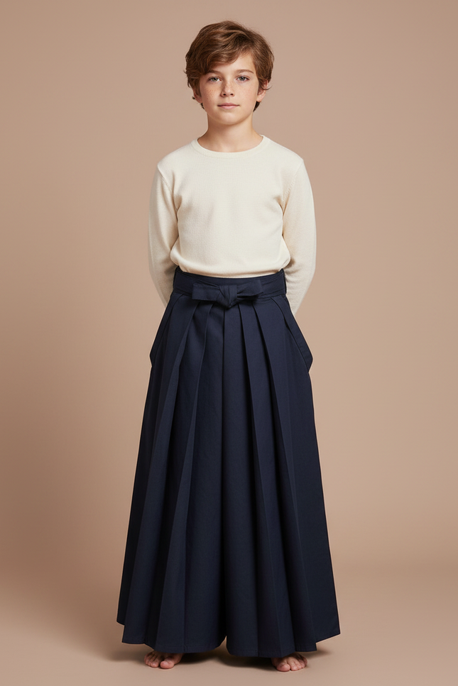 Pantalon Japonais Bleu Marine Plissé Ample Traditionnel - Gabardine