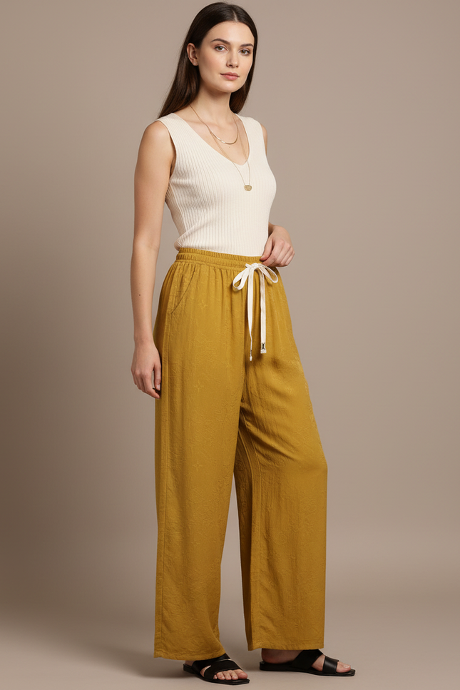 Pantalon Japonais Ample Fluide Jaune Moutarde Cordon - Viscose