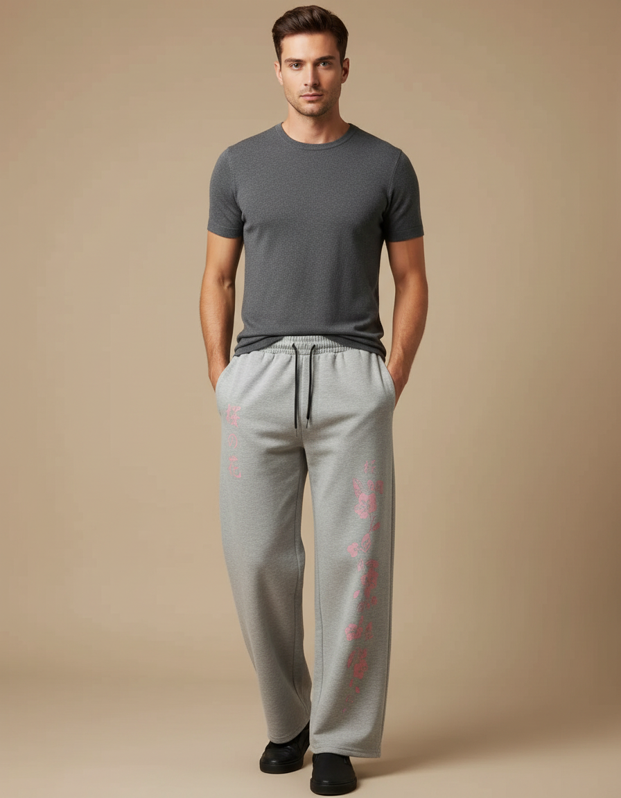 Pantalon Japonais Gris Ample Sakura Décontracté Homme - Molleton