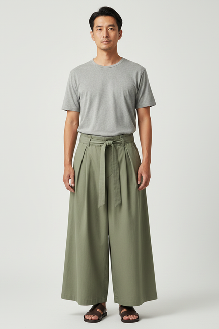 Pantalon Japonais Large Vert Kaki Plissé Ceinturé Coton