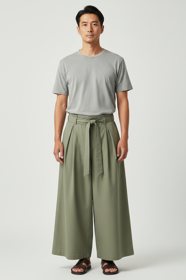 Pantalon Japonais Large Vert Kaki Plissé Ceinturé Coton