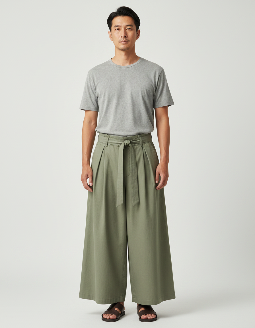 Pantalon Japonais Large Vert Kaki Plissé Ceinturé Coton