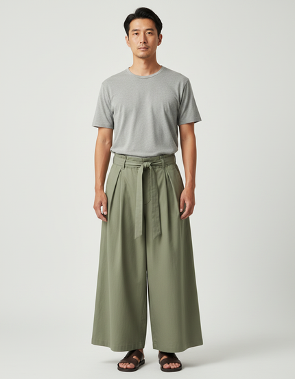 Pantalon Japonais Large Vert Kaki Plissé Ceinturé Coton