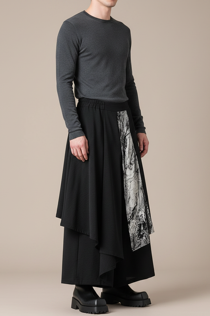 Pantalon Japonais Noir Asymétrique Imprimé Fluide Ample - Polyester