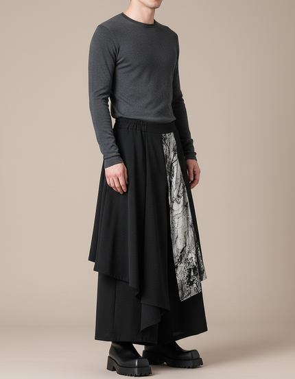 Pantalon Japonais Noir Asymétrique Imprimé Fluide Ample - Polyester
