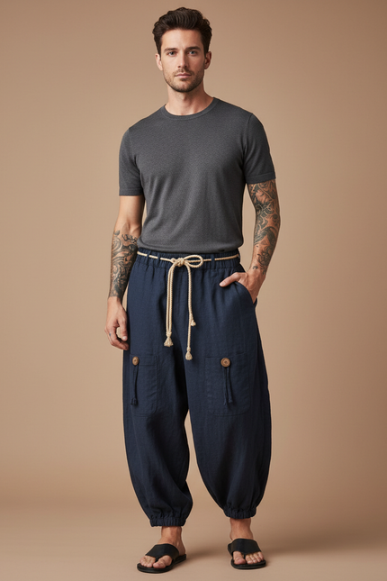 Pantalon Japonais Bleu Marine Ample Coton Lin Décontracté Homme