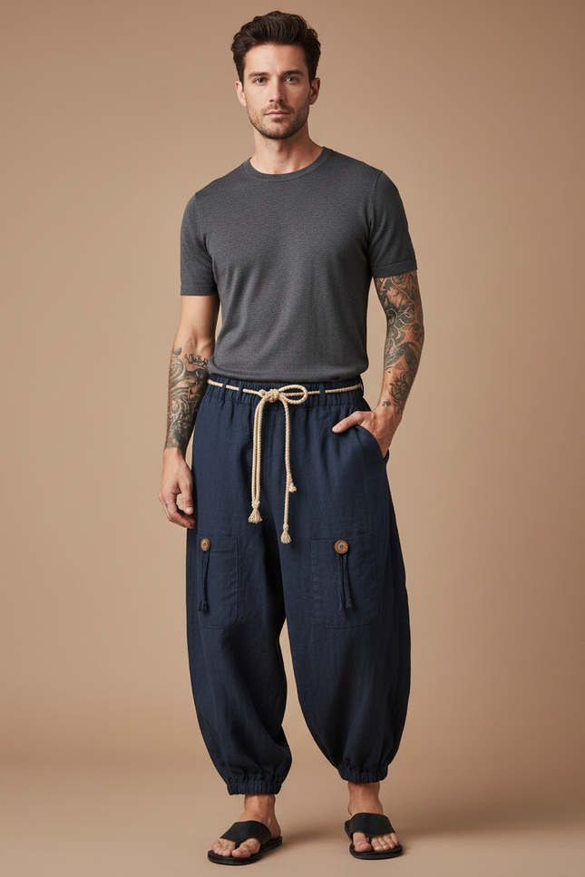 Pantalon Japonais Bleu Marine Ample Coton Lin Décontracté Homme