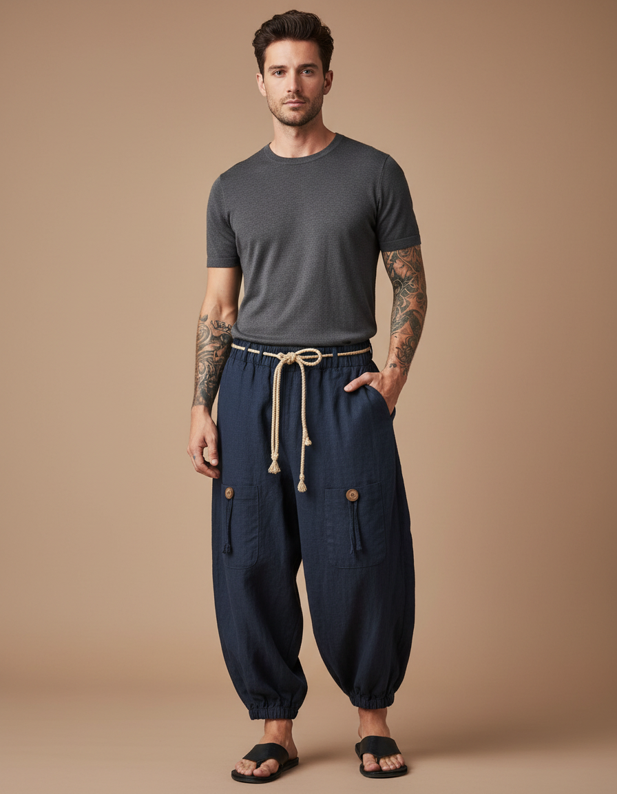 Pantalon Japonais Bleu Marine Ample Coton Lin Décontracté Homme