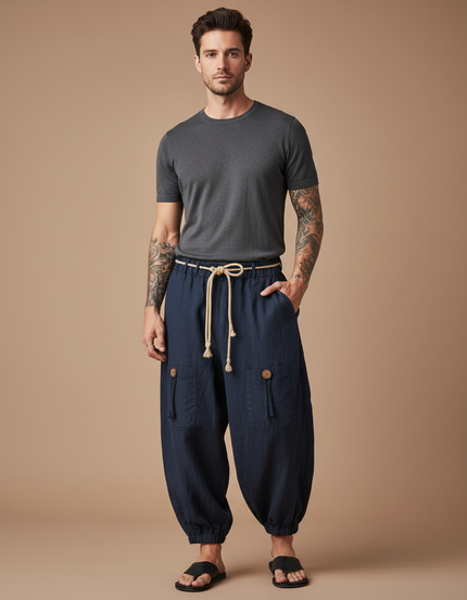 Pantalon Japonais Bleu Marine Ample Coton Lin Décontracté Homme