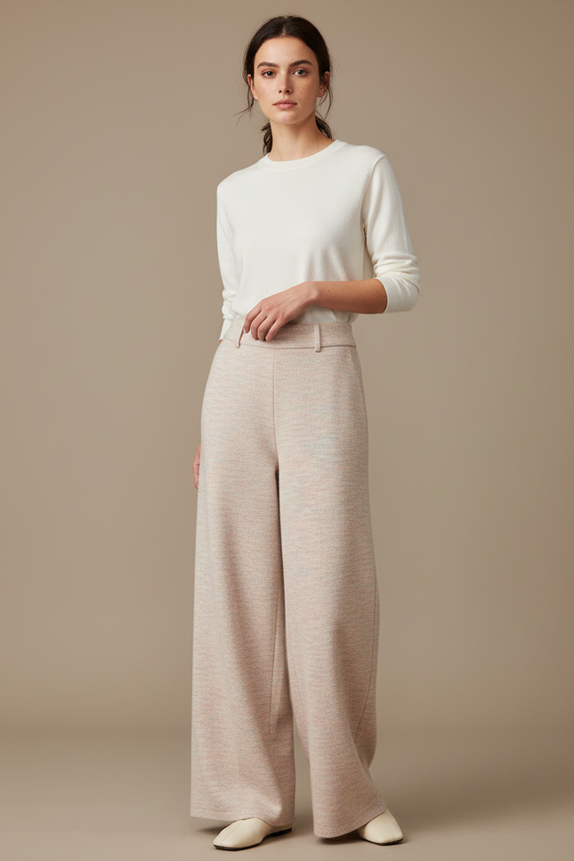 Pantalon Japonais Tricoté Ample Taille Haute Crème Chiné - Beige Maille