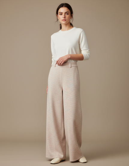 Pantalon Japonais Tricoté Ample Taille Haute Crème Chiné - Beige Maille