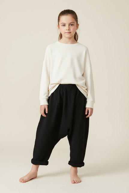Pantalon Japonais Noir Ample Coton Enfant Décontracté