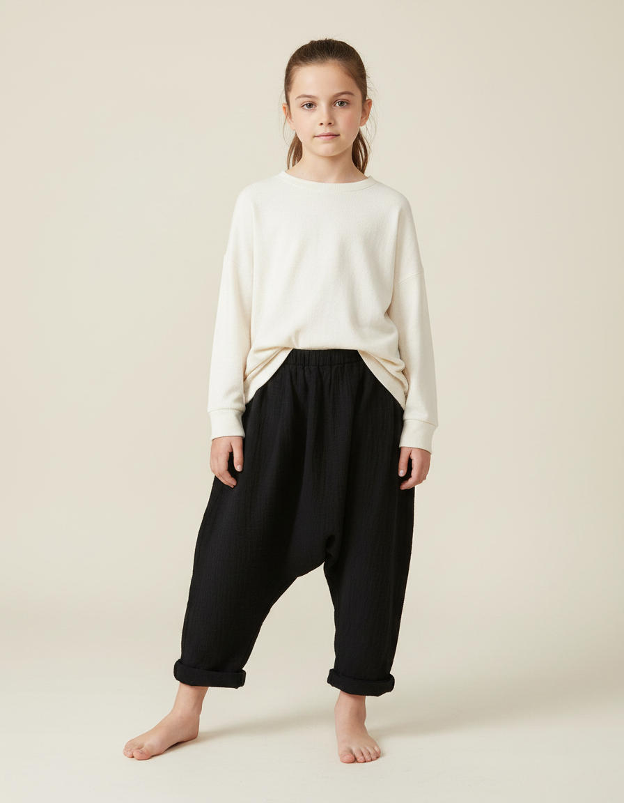 Pantalon Japonais Noir Ample Coton Enfant Décontracté