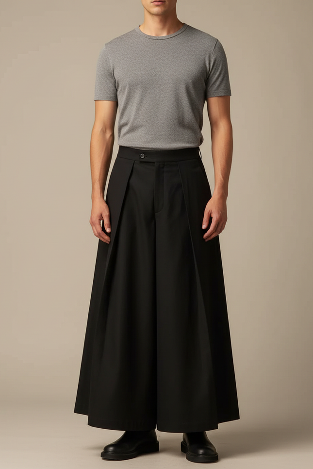 Pantalon Japonais Noir Plissé Ample Extravagant Moderne - Gabardine