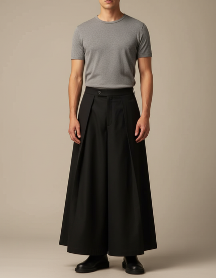 Pantalon Japonais Noir Plissé Ample Extravagant Moderne - Gabardine