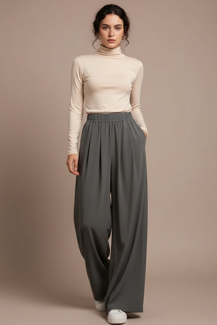 Pantalon Japonais Fluide Ample Décontracté Gris Femme - Polyester