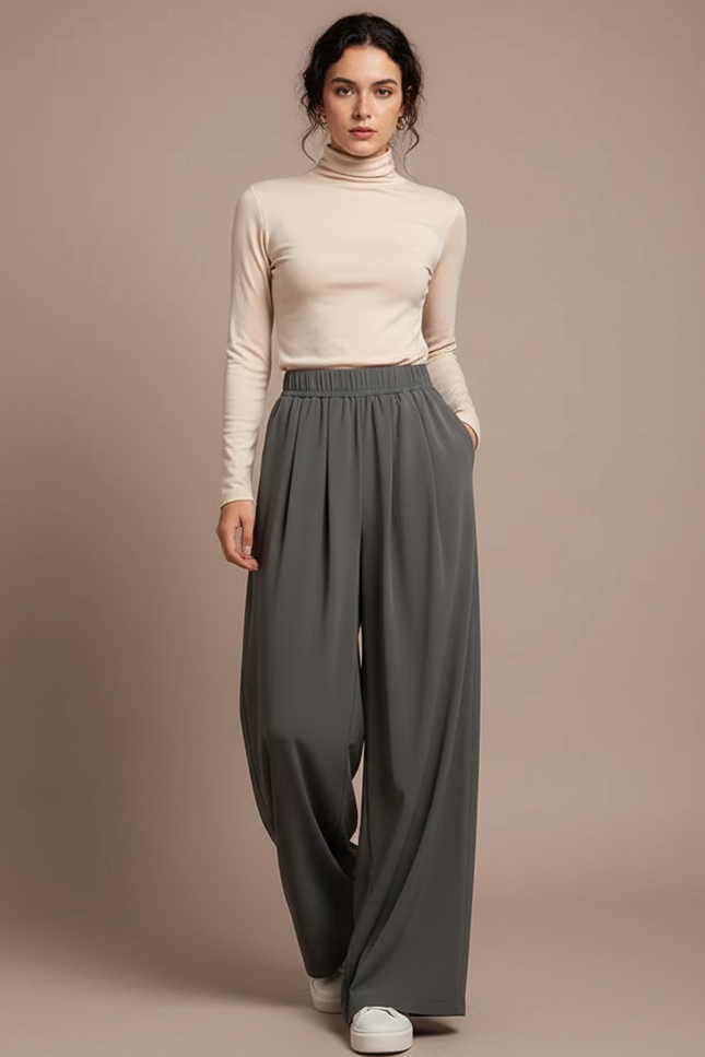 Pantalon Japonais Fluide Ample Décontracté Gris Femme - Polyester