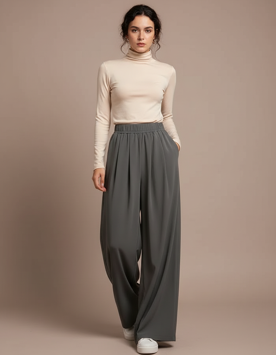 Pantalon Japonais Fluide Ample Décontracté Gris Femme - Polyester