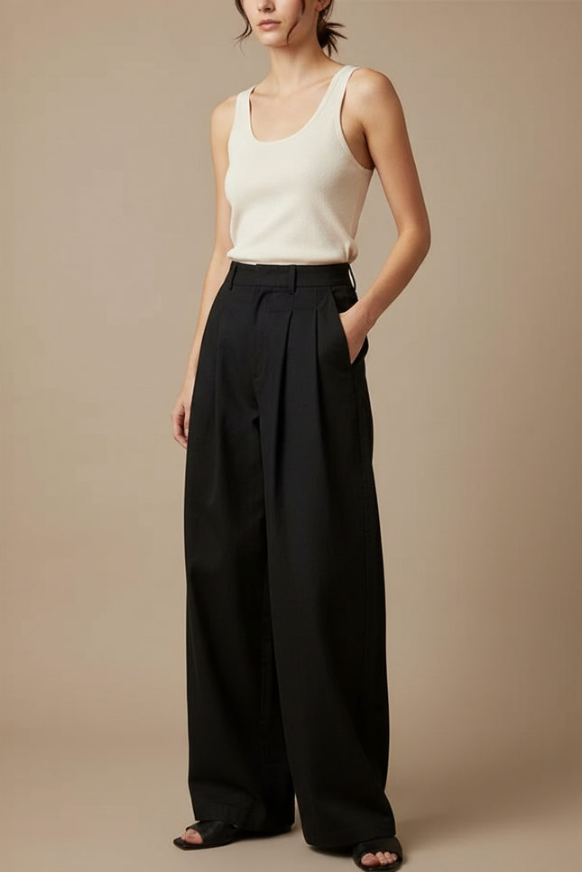 Pantalon Japonais Noir Fluide Ample Plissé Décontracté - Polyester