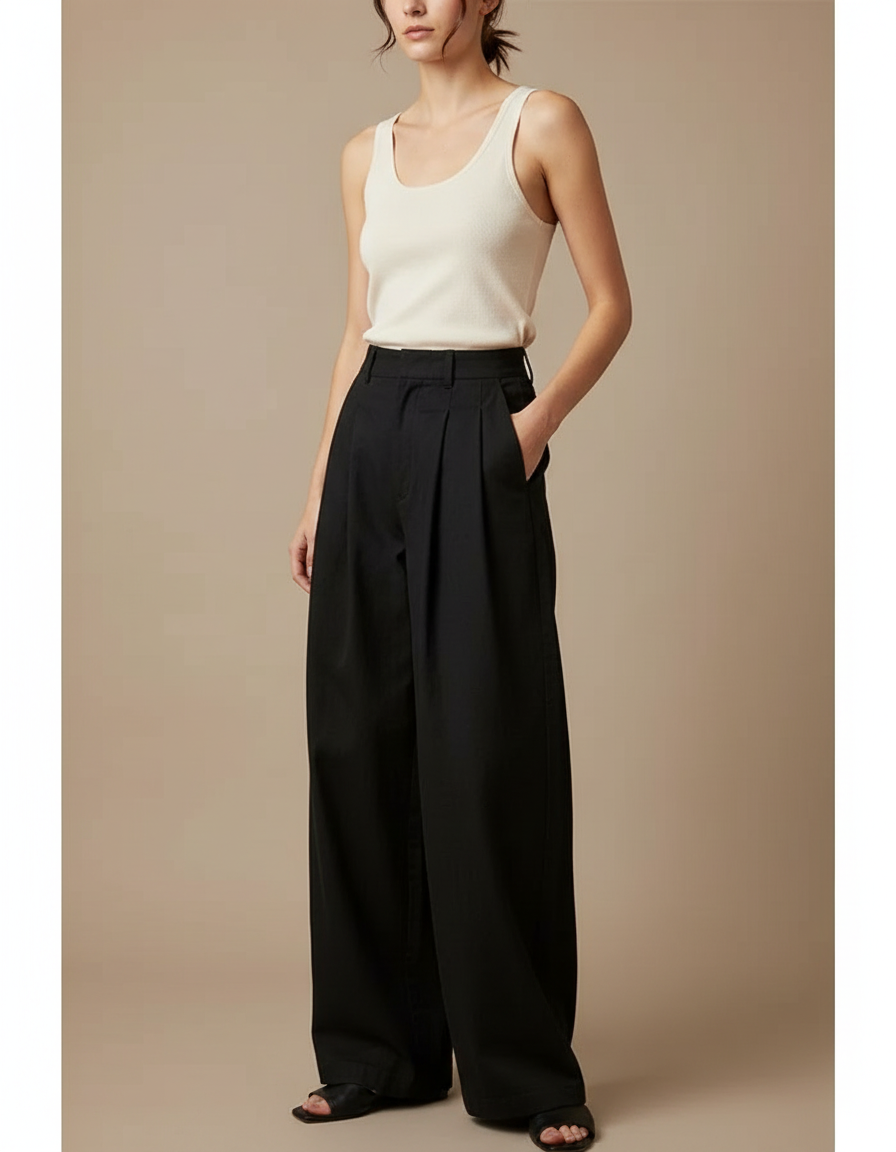 Pantalon Japonais Noir Fluide Ample Plissé Décontracté - Polyester