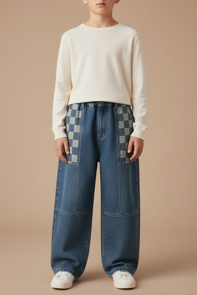Pantalon Japonais Denim Ample Carreaux Garçon - Bleu Jean