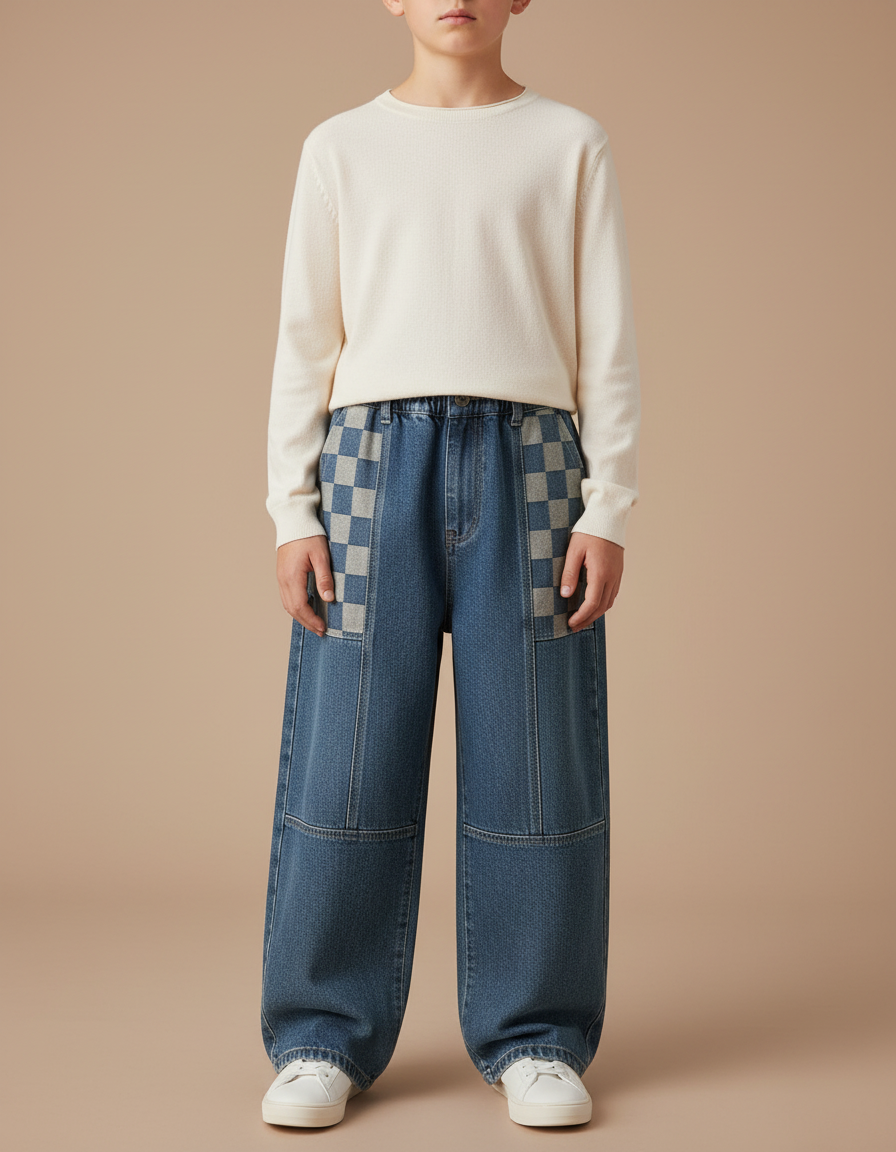 Pantalon Japonais Denim Ample Carreaux Garçon - Bleu Jean