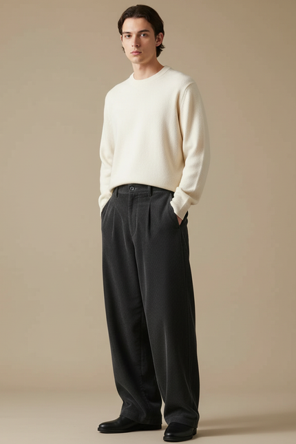 Pantalon Japonais Velours Côtelé Gris Ample Droit - Cordé