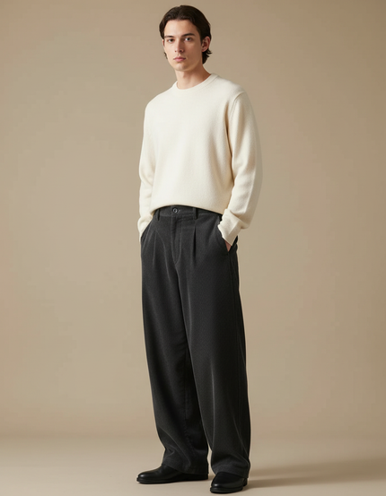 Pantalon Japonais Velours Côtelé Gris Ample Droit - Cordé