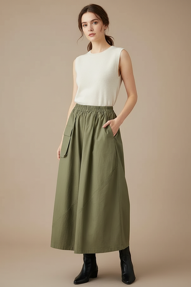Pantalon Japonais Kaki Ample Coton Décontracté Ceinture Élastique