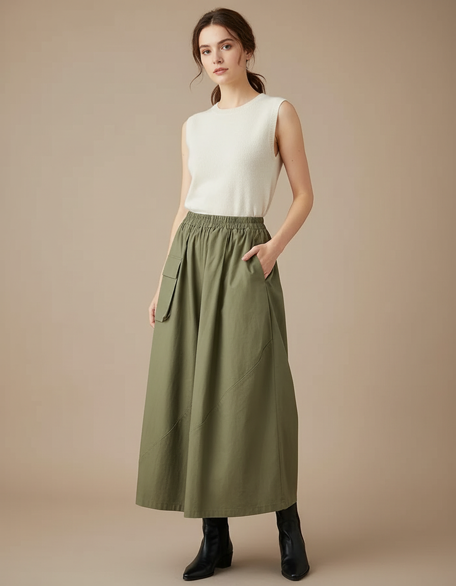 Pantalon Japonais Kaki Ample Coton Décontracté Ceinture Élastique