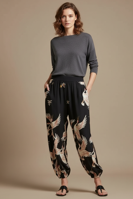 Pantalon Japonais Noir Fluide Ample Grue Imprimé - Viscose