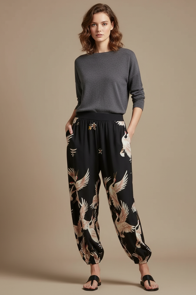 Pantalon Japonais Noir Fluide Ample Grue Imprimé - Viscose