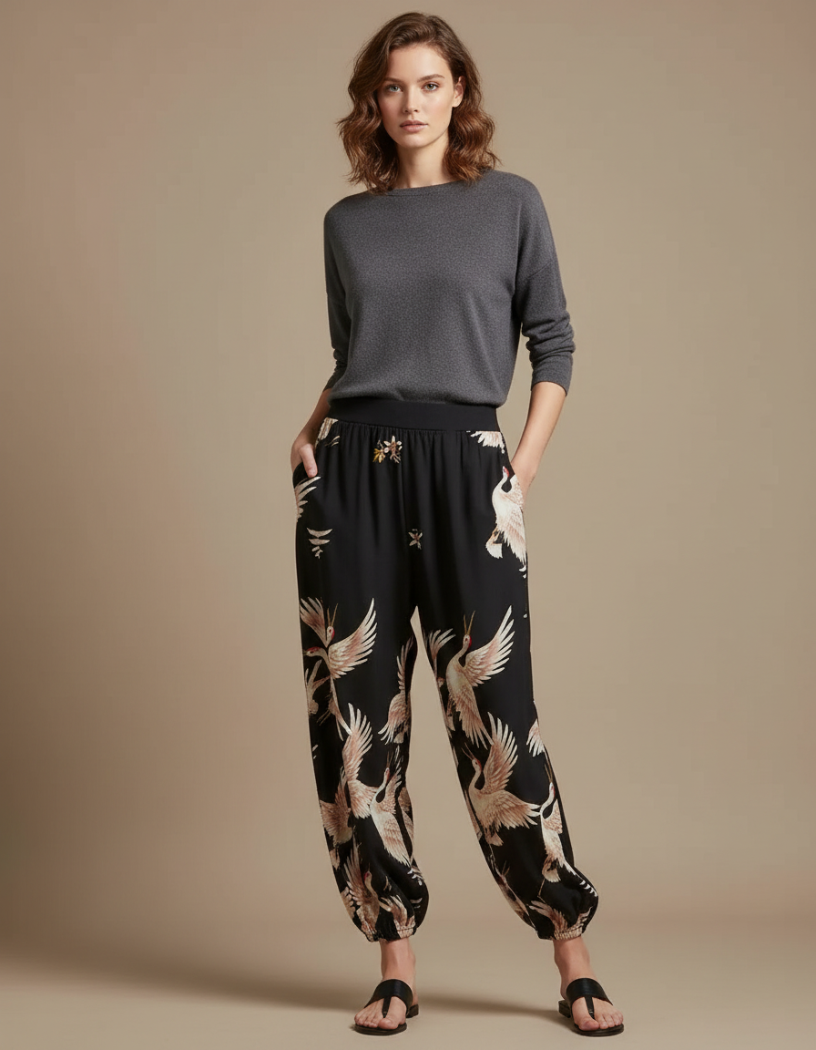 Pantalon Japonais Noir Fluide Ample Grue Imprimé - Viscose
