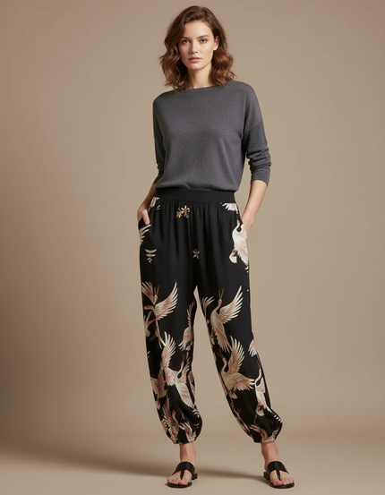Pantalon Japonais Noir Fluide Ample Grue Imprimé - Viscose