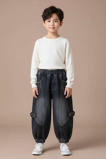 Pantalon Japonais Garçon Ample Harrem Denim Décontracté - Gris Jean
