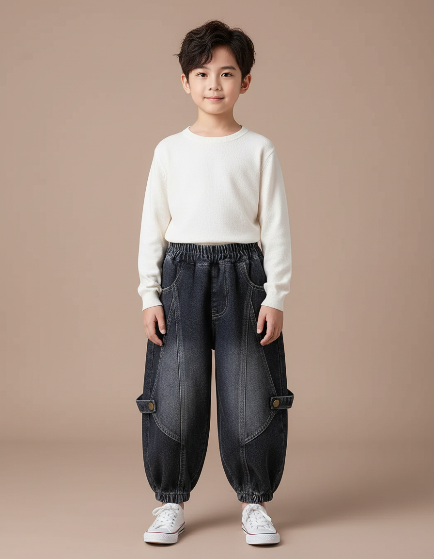 Pantalon Japonais Garçon Ample Harrem Denim Décontracté - Gris Jean