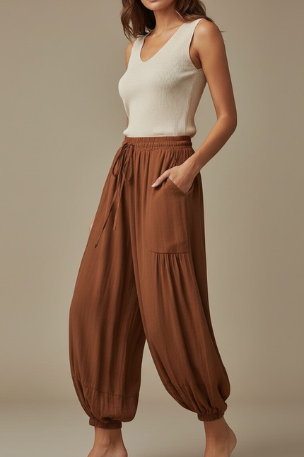 Pantalon Japonais Marron Fluide Ample Cordon Décontracté - Viscose