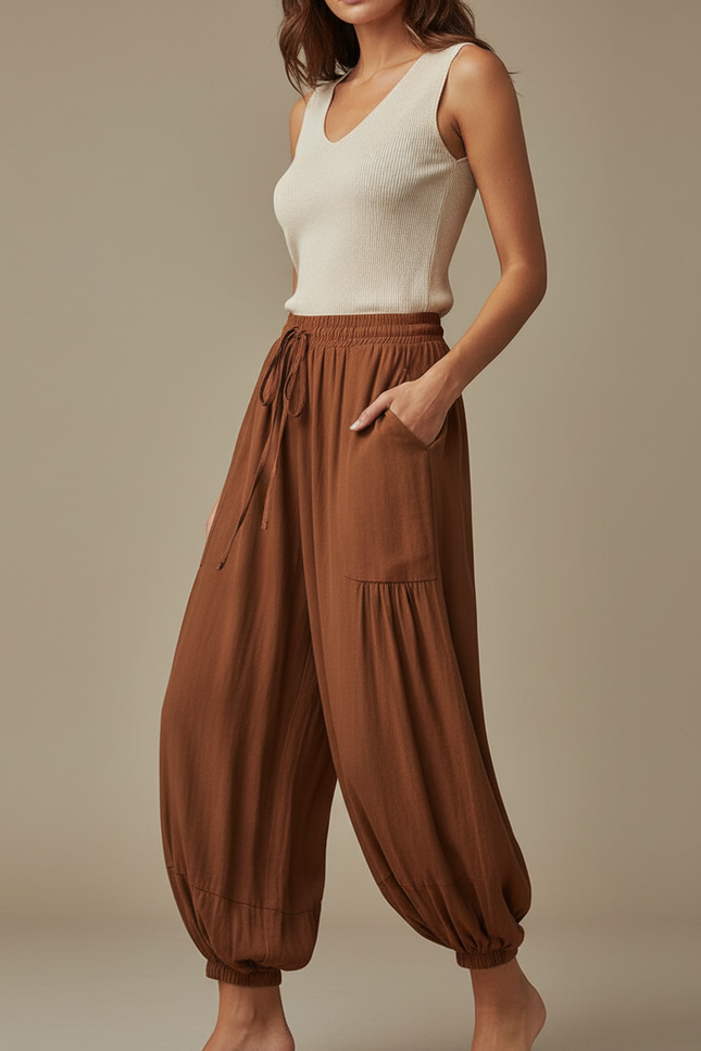 Pantalon Japonais Marron Fluide Ample Cordon Décontracté - Viscose