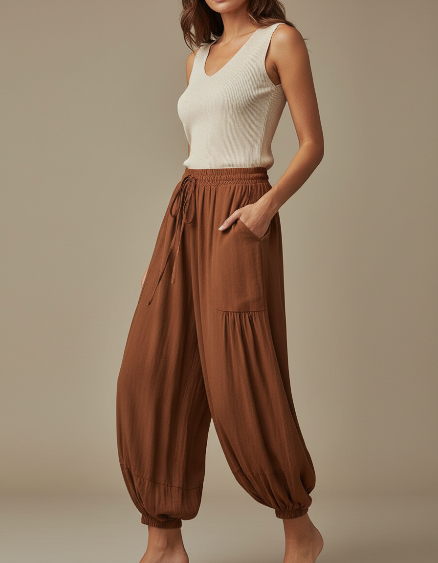 Pantalon Japonais Marron Fluide Ample Cordon Décontracté - Viscose