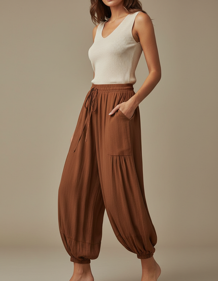 Pantalon Japonais Marron Fluide Ample Cordon Décontracté - Viscose