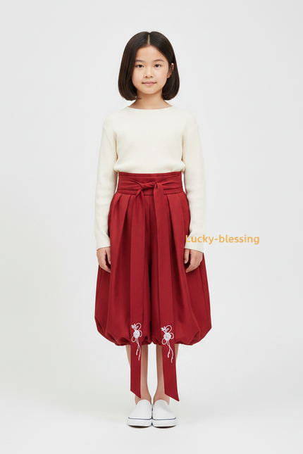 Pantalon Japonais Rouge Bouffant Brodé Ceinturé Fille - Coton