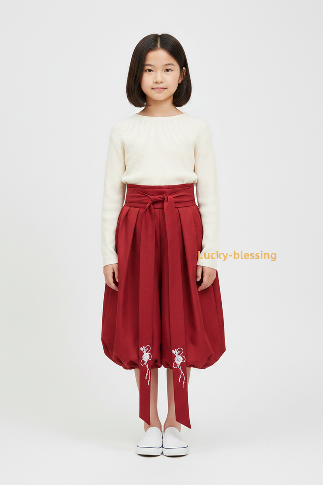 Pantalon Japonais Rouge Bouffant Brodé Ceinturé Fille - Coton