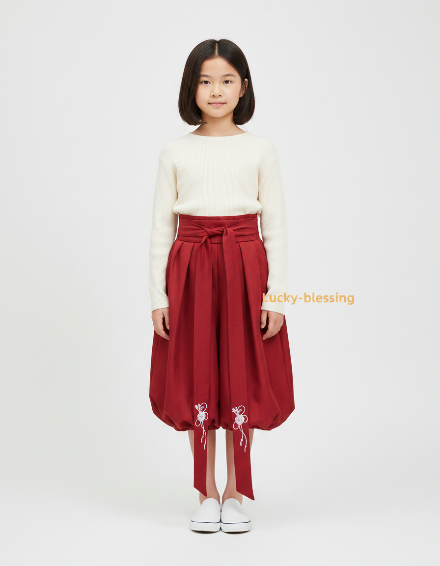 Pantalon Japonais Rouge Bouffant Brodé Ceinturé Fille - Coton