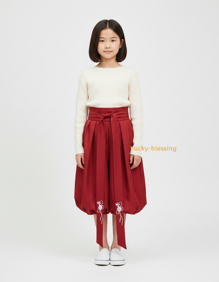 Pantalon Japonais Rouge Bouffant Brodé Ceinturé Fille - Coton